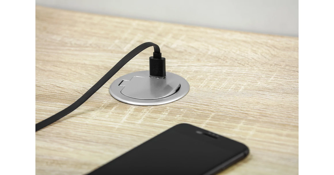 Kép 4/4 - Konnektor, pultba süllyesztett, CHARGER MINI, 1x dugalj, 1x USB 5A, 1,9fm kábellel, inox-fekete