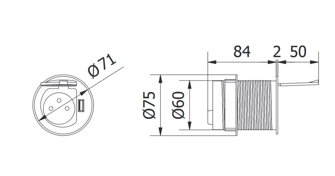 Kép 2/4 - Konnektor, pultba süllyesztett, CHARGER MINI, 1x dugalj, 1x USB 5A, 1,9fm kábellel, inox-fekete