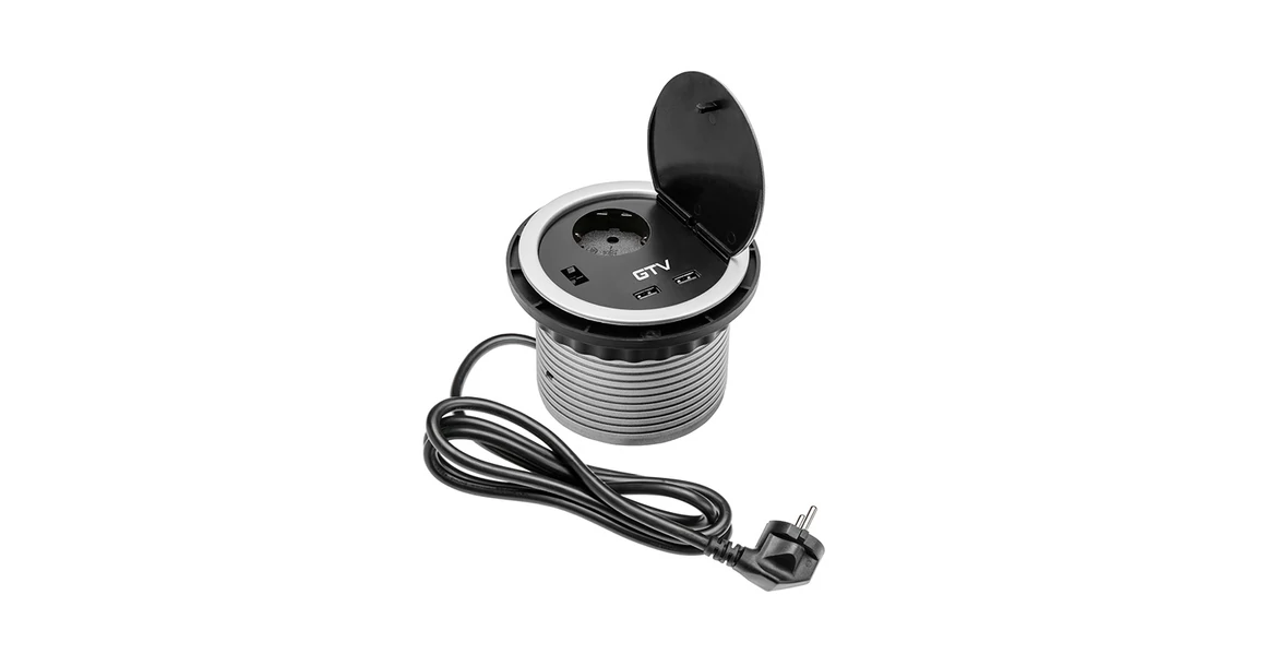 Kép 1/4 - Konnektor, pultba süllyesztett, CHARGER, 1x dugalj, 2x USB 2A, 1,5fm kábellel, ezüst-fekete