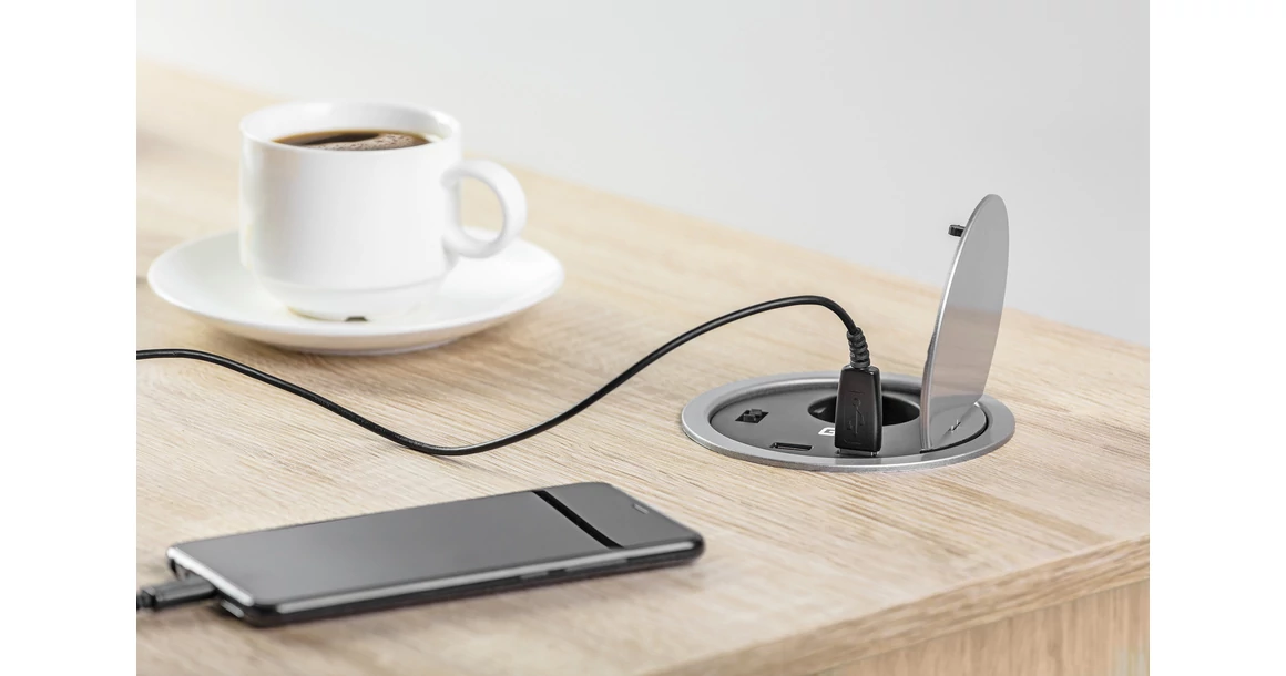 Kép 4/4 - Konnektor, pultba süllyesztett, CHARGER, 1x dugalj, 2x USB 2A, 1,5fm kábellel, ezüst-fekete