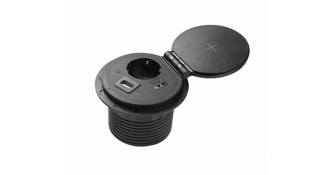 Kép 1/8 - Konnektor, pultba süllyesztett, 1x dugalj, variálható, USB A, USB C, hálózati RJ45, HDMI,  1,5fm kábellel, fekete, CHARGER PLUS