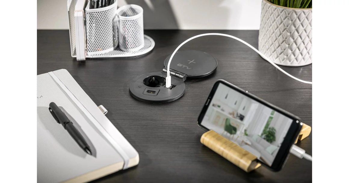 Kép 4/8 - Konnektor, pultba süllyesztett, 1x dugalj, variálható, USB A, USB C, hálózati RJ45, HDMI,  1,5fm kábellel, fekete, CHARGER PLUS