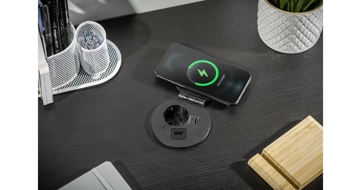 Kép 7/8 - Konnektor, pultba süllyesztett, 1x dugalj, variálható, USB A, USB C, hálózati RJ45, HDMI,  1,5fm kábellel, fekete, CHARGER PLUS