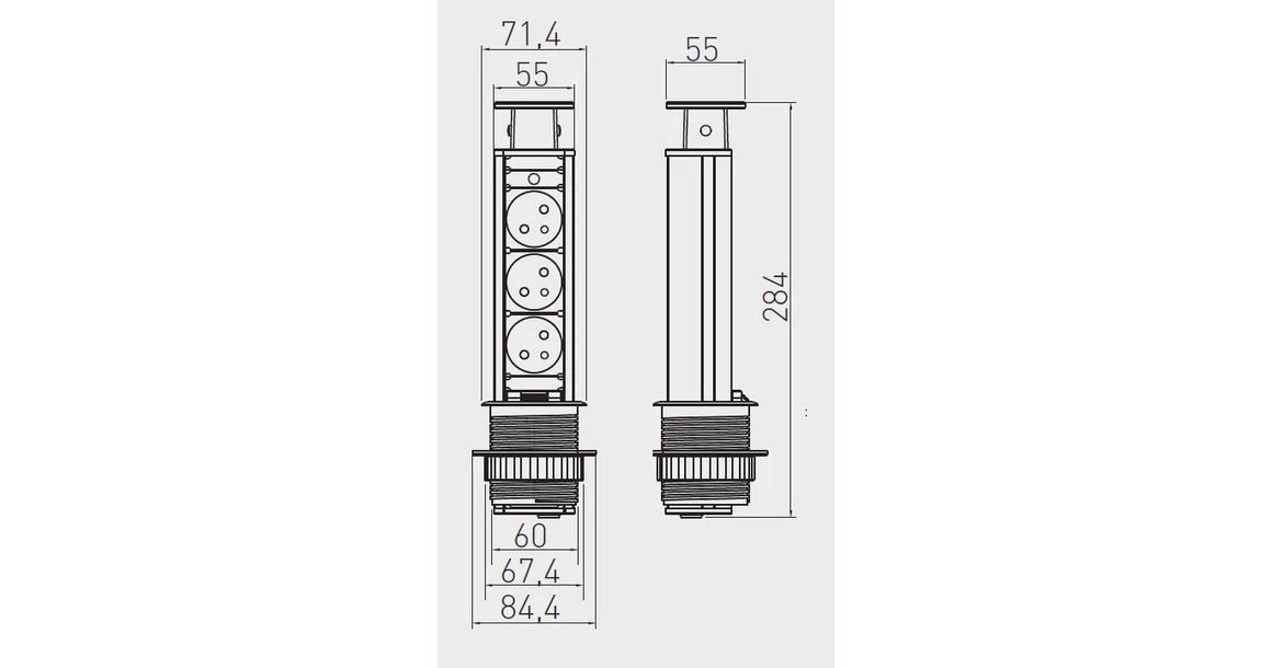 Kép 2/2 - Konnektor, pultba süllyeszthető oszlop,  60mm, 3x dugalj, 1,5fm kábellel, fekete