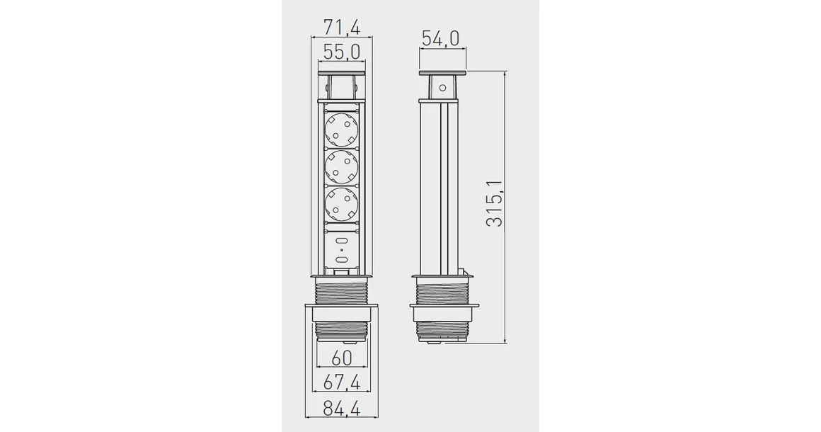 Kép 2/2 - Konnektor, pultba süllyeszthető oszlop,  60mm, 3x dugalj, 2* USB 2A, 1,5fm kábellel, ezüst