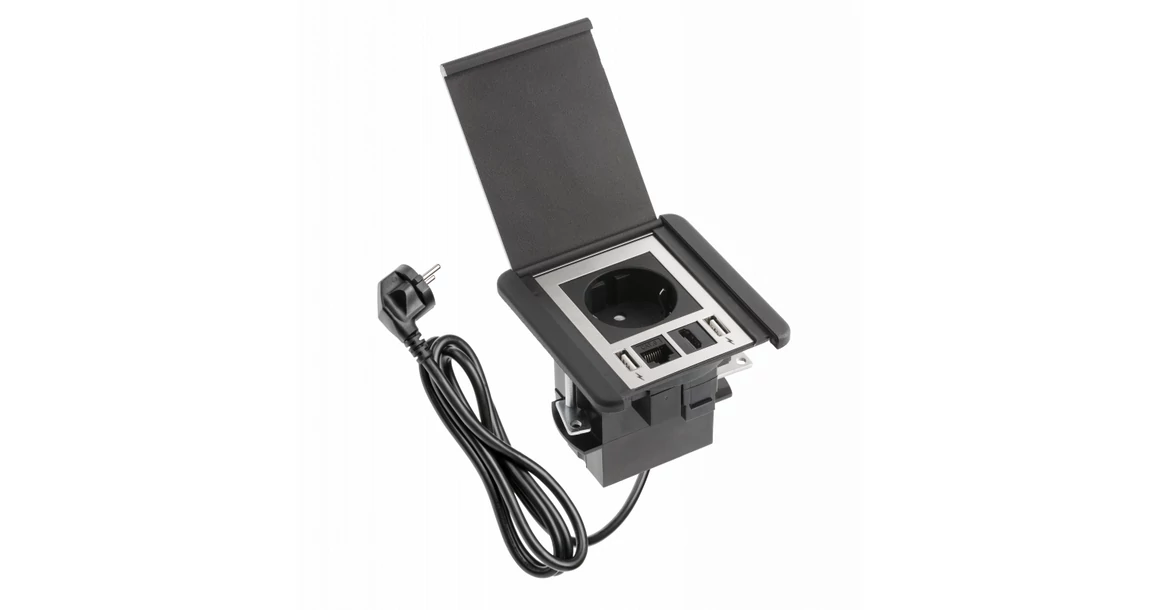 Kép 1/6 - Konnektor, pultba süllyesztett, 1x dugalj, 2x USB 2A, 1x hálózati RJ45, 1x HDMI, 1,5 kábellel, fekete, FLIP