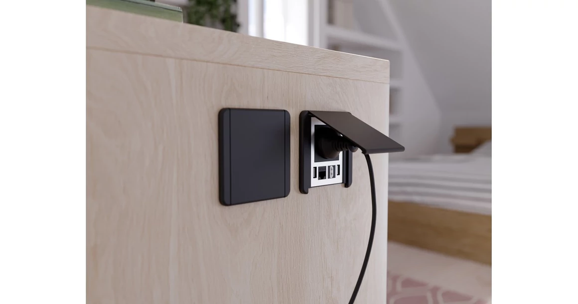 Kép 3/6 - Konnektor, pultba süllyesztett, 1x dugalj, 2x USB 2A, 1x hálózati RJ45, 1x HDMI, 1,5 kábellel, fekete, FLIP