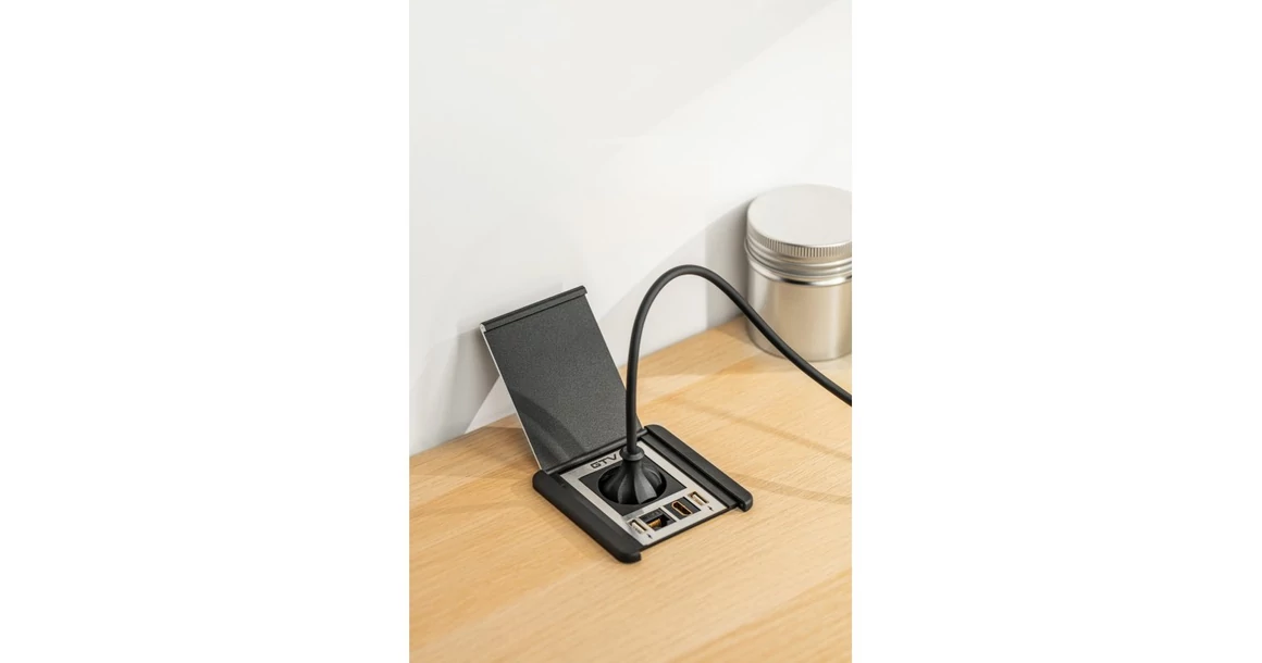 Kép 5/6 - Konnektor, pultba süllyesztett, 1x dugalj, 2x USB 2A, 1x hálózati RJ45, 1x HDMI, 1,5 kábellel, fekete, FLIP