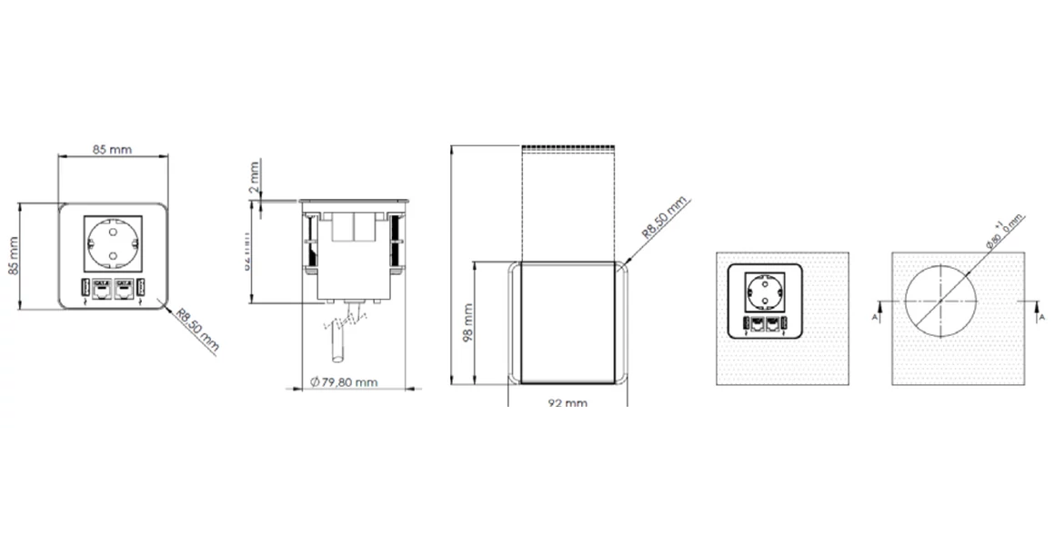 Kép 6/6 - Konnektor, pultba süllyesztett, 1x dugalj, 2x USB 2A, 1x hálózati RJ45, 1x HDMI, 1,5 kábellel, fekete, FLIP