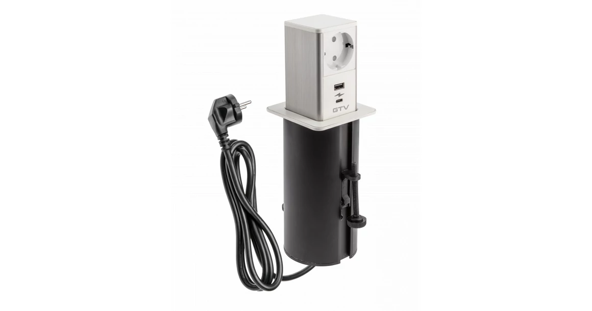 Kép 1/5 - Konnektor, pultba süllyeszthető, 1x dugalj, 1x USB-A, 1x USB-C, 1,5 kábellel, fehér, TOWER
