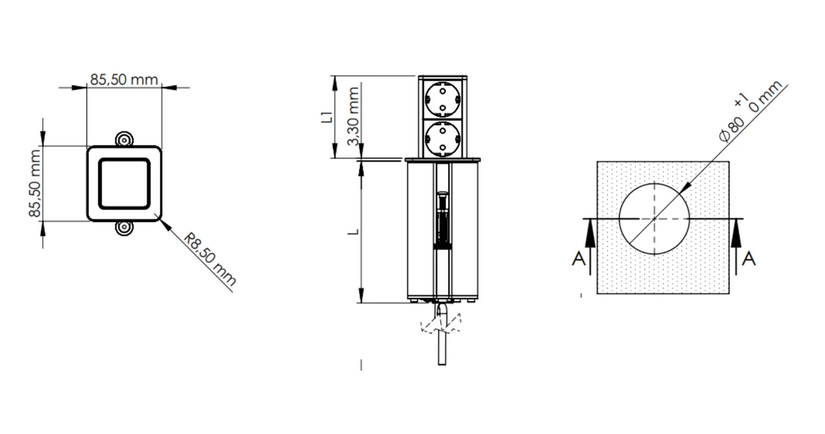 Kép 5/5 - Konnektor, pultba süllyeszthető, 1x dugalj, 1x USB-A, 1x USB-C, 1,5 kábellel, fehér, TOWER