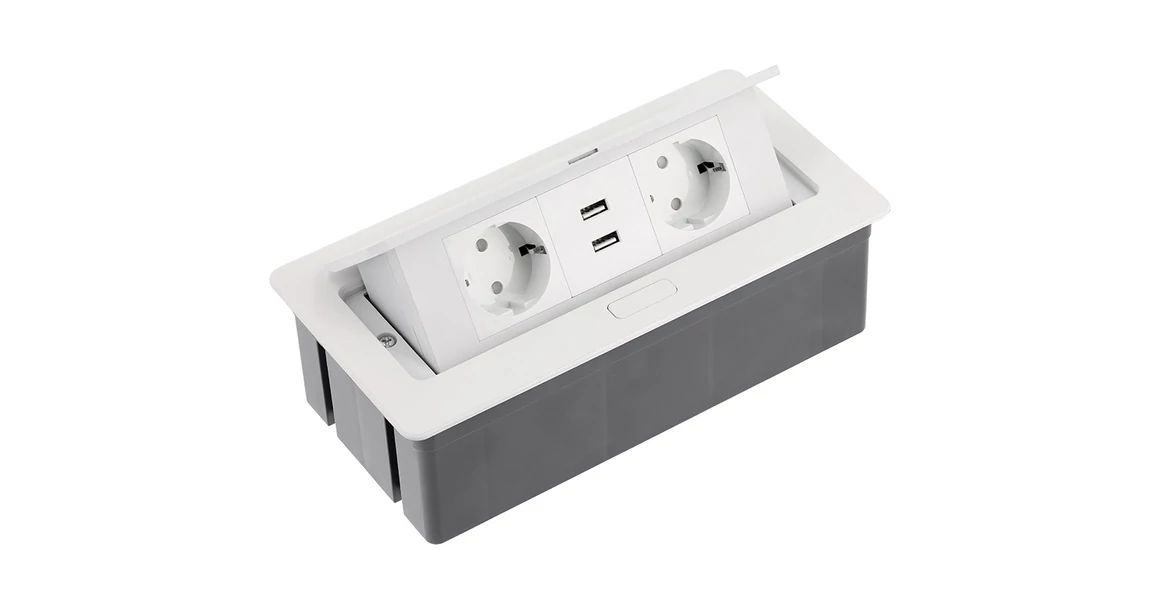Kép 1/3 - Konnektor, pultba süllyeszthető, fekvő, SOFT, 2x dugalj,2x USB 2A, 1,5 lábellel, fehér