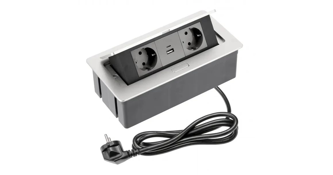 Kép 1/3 - Konnektor, pultba süllyeszthető, fekvő, SOFT, 2x dugalj,2x USB A+C, 1,5 lábellel, alumínium