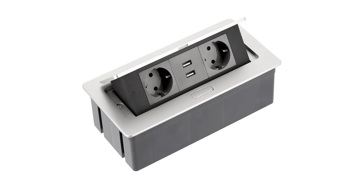 Kép 1/3 - Konnektor, pultba süllyeszthető, fekvő, SOFT, 2x dugalj,2x USB 2A, 1,5 lábellel, alumínium