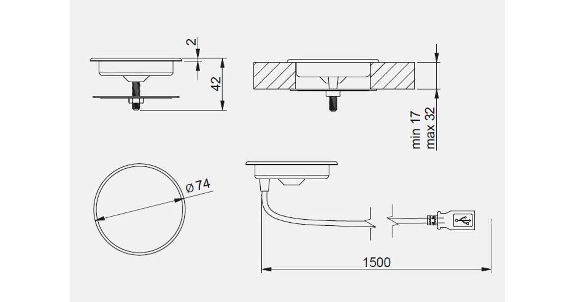 Kép 2/3 - Induktív töltő LUX tápegységgel, LUX max. USB A, 2A, AC 220-240V, 50/60Hz, IP20, króm