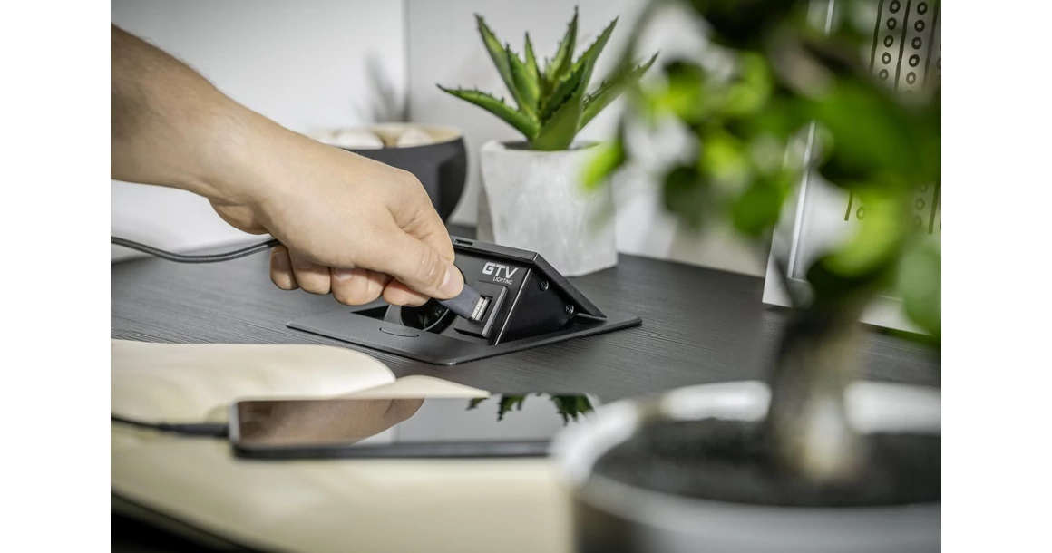 Kép 4/7 - Konnektor, pultba süllyeszthető, fekvő, 1x dugalj, 2xUSB A, 1,5fm kábellel, ezüst, AVARO