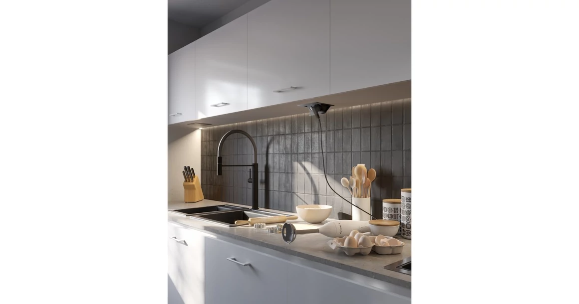 Kép 6/7 - Konnektor, pultba süllyeszthető, fekvő, 1x dugalj, 2xUSB A, 1,5fm kábellel, ezüst, AVARO