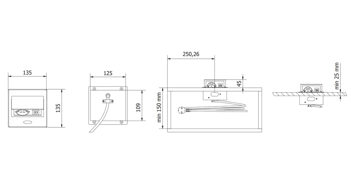 Kép 7/7 - Konnektor, pultba süllyeszthető, fekvő, 1x dugalj, 2xUSB A, 1,5fm kábellel, ezüst, AVARO