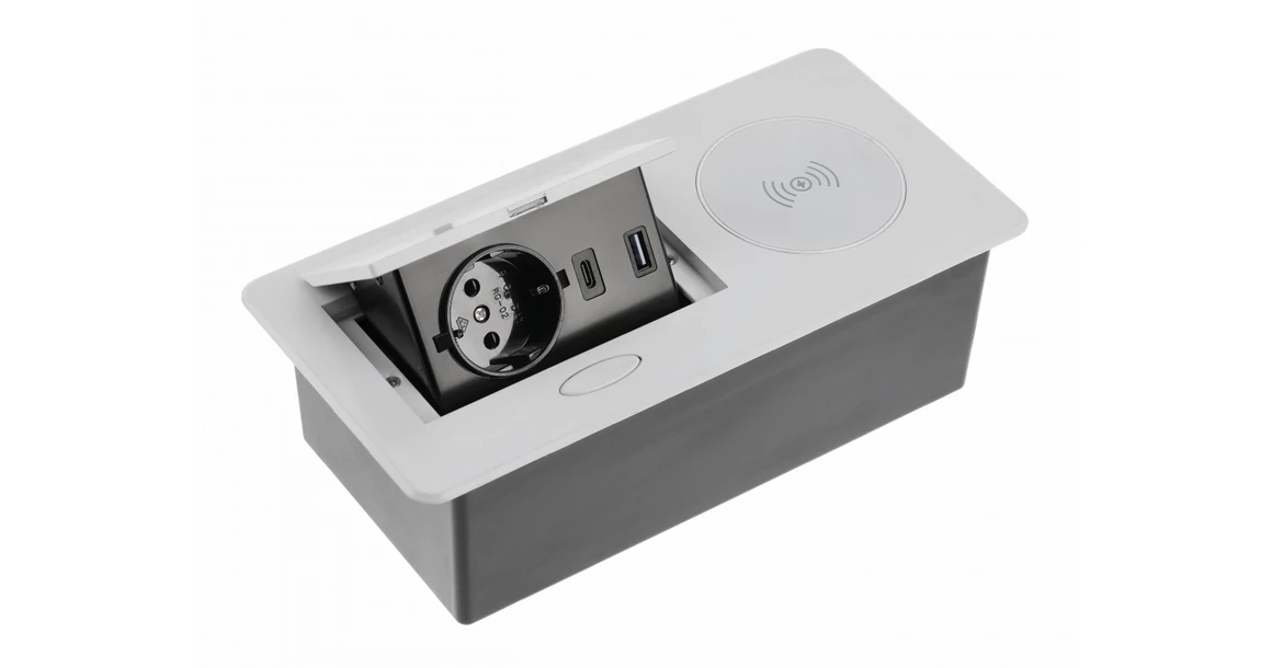 Kép 1/7 - Konnektor, pultba süllyeszthető, fekvő, 1x dugalj, USB A, USB C, 5W indugciós töltő, 1,5fm kábellel, ezüst, AVARO