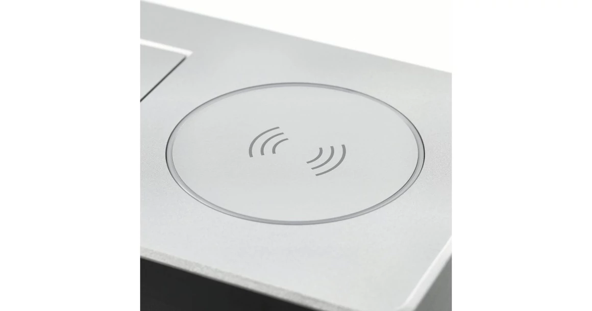 Kép 2/7 - Konnektor, pultba süllyeszthető, fekvő, 1x dugalj, USB A, USB C, 5W indugciós töltő, 1,5fm kábellel, ezüst, AVARO