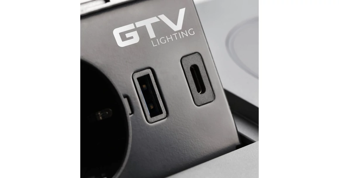 Kép 3/7 - Konnektor, pultba süllyeszthető, fekvő, 1x dugalj, USB A, USB C, 5W indugciós töltő, 1,5fm kábellel, ezüst, AVARO