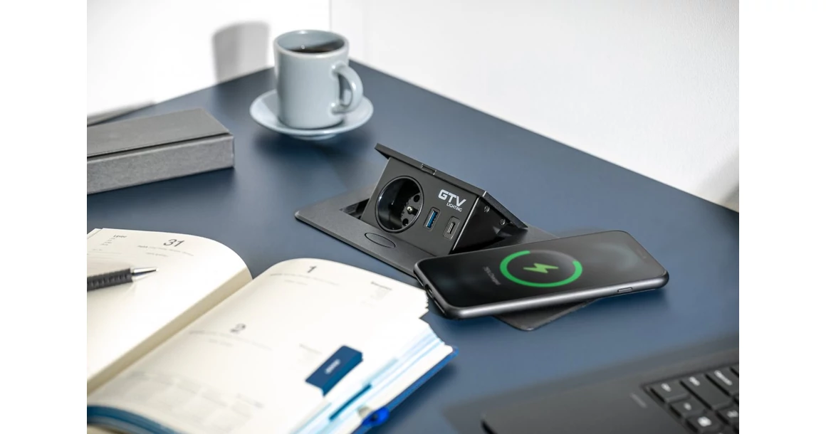 Kép 4/7 - Konnektor, pultba süllyeszthető, fekvő, 1x dugalj, USB A, USB C, 5W indugciós töltő, 1,5fm kábellel, ezüst, AVARO