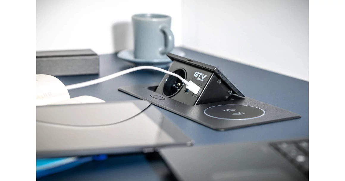 Kép 5/7 - Konnektor, pultba süllyeszthető, fekvő, 1x dugalj, USB A, USB C, 5W indugciós töltő, 1,5fm kábellel, ezüst, AVARO