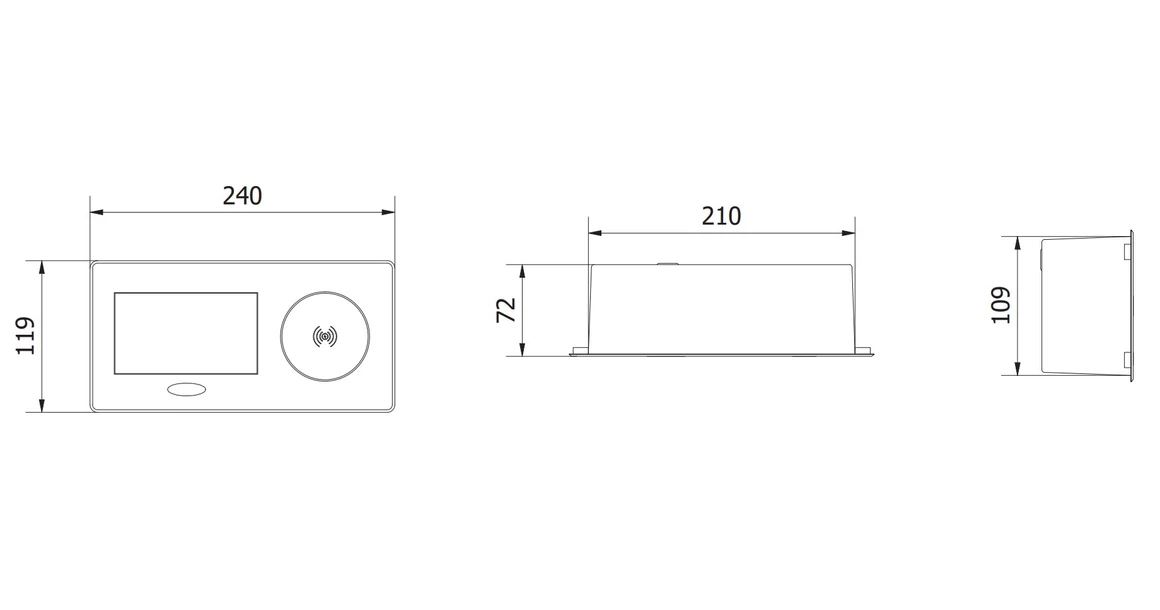Kép 7/7 - Konnektor, pultba süllyeszthető, fekvő, 1x dugalj, USB A, USB C, 5W indugciós töltő, 1,5fm kábellel, ezüst, AVARO