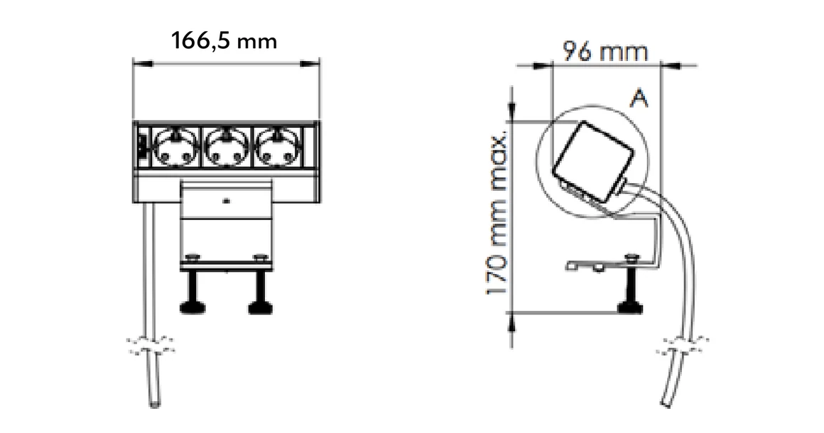 Kép 3/3 - Konnektor, pultra helyezhető, 2x dugalj, 1x USB-A, 1x USB-C, 1x hálózati RJ45, 1x HDMI, 1,5 kábellel, fekete, BAR