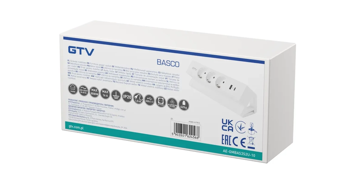 Kép 5/12 - Konnektor, pultra szerelhető, 3x dugalj, 1x USB A, USB C, 1,5fm kábellel, fehér, BASCO