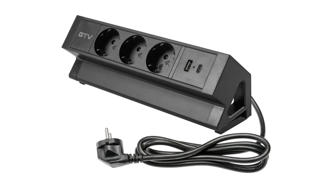 Kép 2/9 - Konnektor, pultra szerelhető, 3x dugalj, 1x USB A, USB C, 1,5fm kábellel, fekete, BASCO