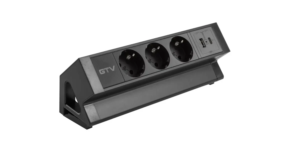 Kép 3/9 - Konnektor, pultra szerelhető, 3x dugalj, 1x USB A, USB C, 1,5fm kábellel, fekete, BASCO