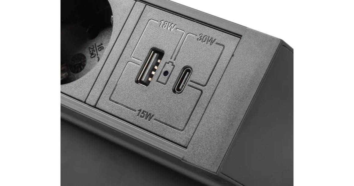 Kép 5/9 - Konnektor, pultra szerelhető, 3x dugalj, 1x USB A, USB C, 1,5fm kábellel, fekete, BASCO
