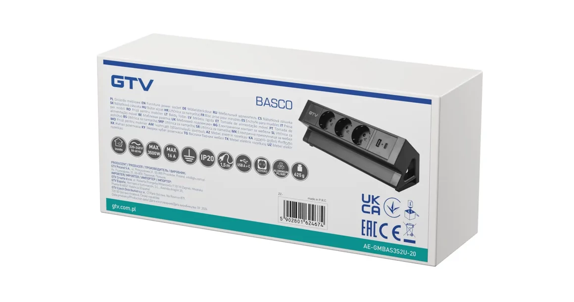 Kép 9/9 - Konnektor, pultra szerelhető, 3x dugalj, 1x USB A, USB C, 1,5fm kábellel, fekete, BASCO