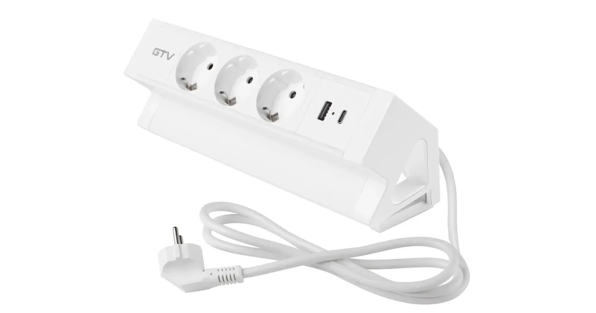 Kép 10/12 - Konnektor, pultra szerelhető, 3x dugalj, 1x USB A, USB C, 1,5fm kábellel, fehér, BASCO