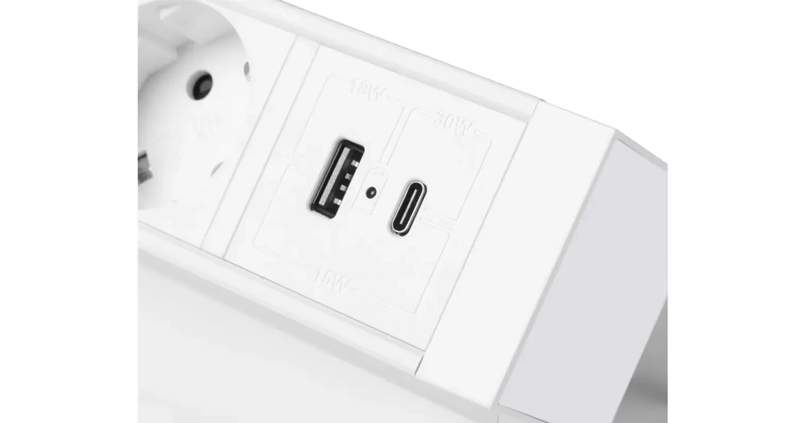 Kép 12/12 - Konnektor, pultra szerelhető, 3x dugalj, 1x USB A, USB C, 1,5fm kábellel, fehér, BASCO