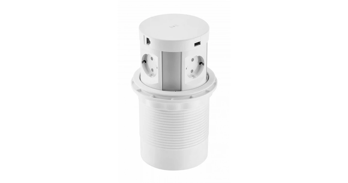 Kép 1/10 - Konnektor, pultba süllyeszthető, 4x dugalj, 2x USB 2A, 2x hálózati RJ45, 1,5 kábellel, 5W indukciós töltővel, fehér, 120mm COMFORT PLUS