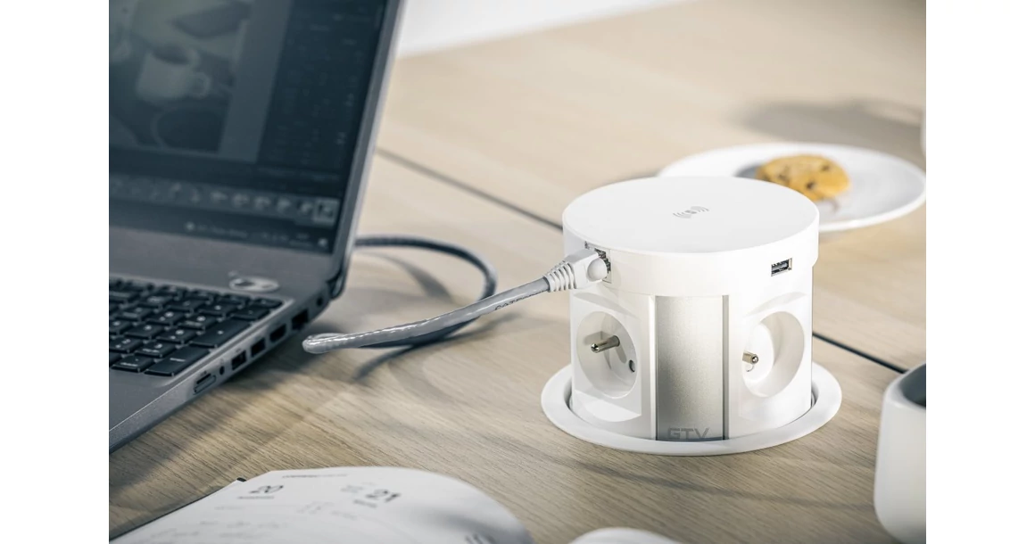 Kép 5/10 - Konnektor, pultba süllyeszthető, 4x dugalj, 2x USB 2A, 2x hálózati RJ45, 1,5 kábellel, 5W indukciós töltővel, fehér, 120mm COMFORT PLUS