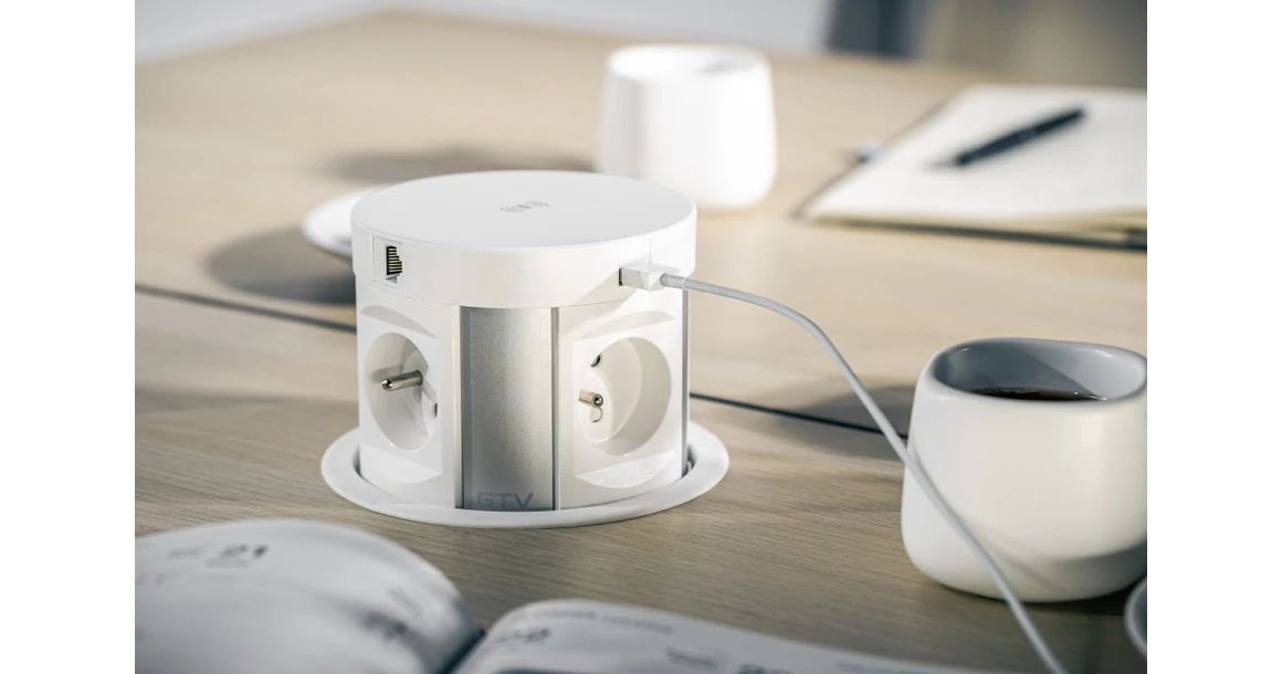 Kép 7/10 - Konnektor, pultba süllyeszthető, 4x dugalj, 2x USB 2A, 2x hálózati RJ45, 1,5 kábellel, 5W indukciós töltővel, fehér, 120mm COMFORT PLUS