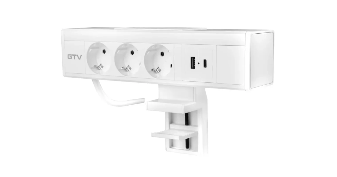 Kép 2/11 - Konnektor, pultra szerelhető, 3x dugalj, 1x USB A, USB C, 1,5fm kábellel, fehér, NICO