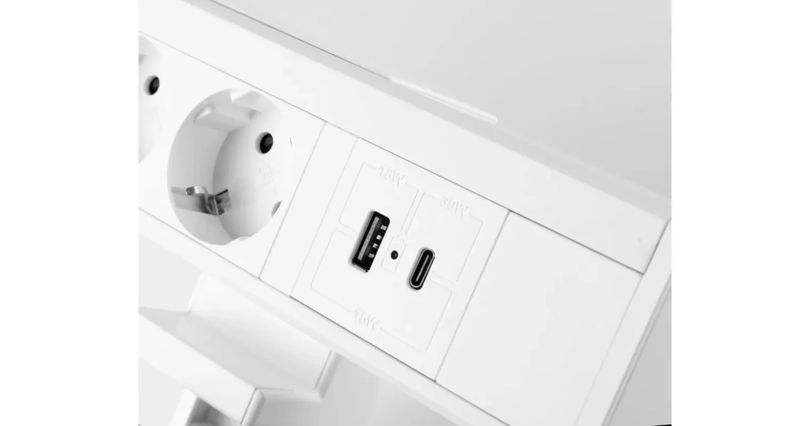 Kép 4/11 - Konnektor, pultra szerelhető, 3x dugalj, 1x USB A, USB C, 1,5fm kábellel, fehér, NICO