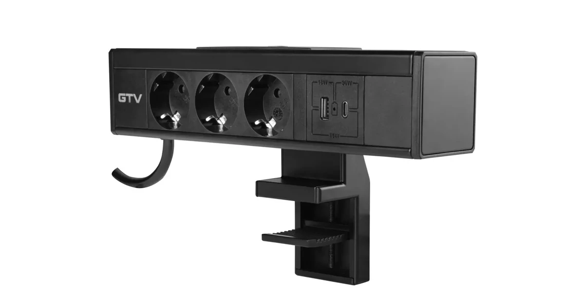 Kép 2/7 - Konnektor, pultra szerelhető, 3x dugalj, 1x USB A, USB C, 1,5fm kábellel, fekete, NICO