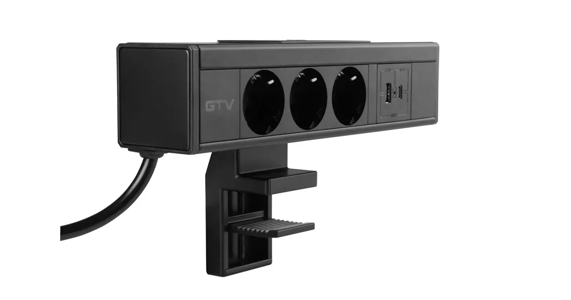 Kép 3/7 - Konnektor, pultra szerelhető, 3x dugalj, 1x USB A, USB C, 1,5fm kábellel, fekete, NICO
