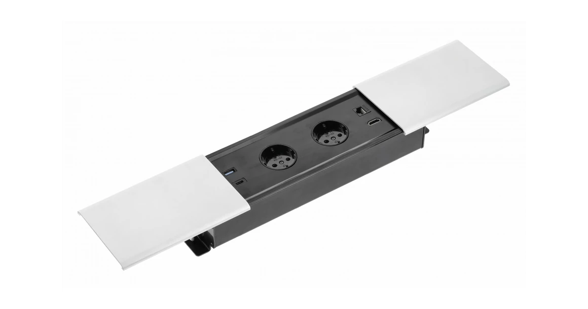 Kép 1/8 - Konnektor, pultba süllyesztett, 2x dugalj, 1x USB A, USB C, hálózati RJ45, HDMI, 1,5fm kábellel, fehér, PRESTINO
