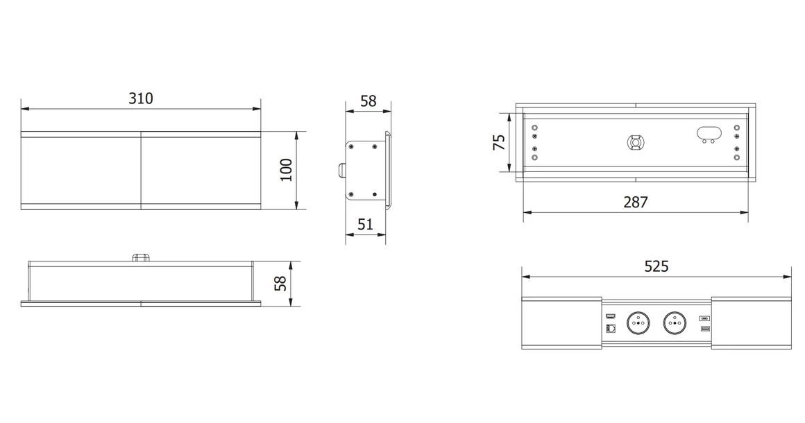 Kép 8/8 - Konnektor, pultba süllyesztett, 2x dugalj, 1x USB A, USB C, hálózati RJ45, HDMI, 1,5fm kábellel, fekete, PRESTINO