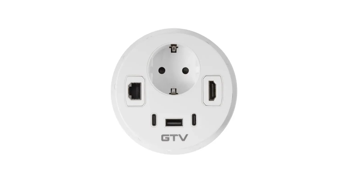 Kép 2/10 - Konnektor, pultba szerelhető, 1x dugalj, 1x USB A, 2xUSB C, RJ45; HDMI; 1,5fm kábellel, fehér, RONDO