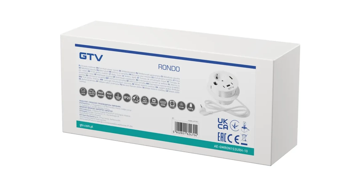 Kép 10/10 - Konnektor, pultba szerelhető, 1x dugalj, 1x USB A, 2xUSB C, RJ45; HDMI; 1,5fm kábellel, fehér, RONDO