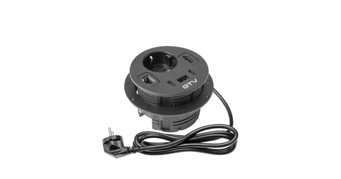 Kép 1/8 - Konnektor, pultba szerelhető, 1x dugalj, 1x USB A, 2xUSB C, RJ45; HDMI; 1,5fm kábellel, fekete RONDO