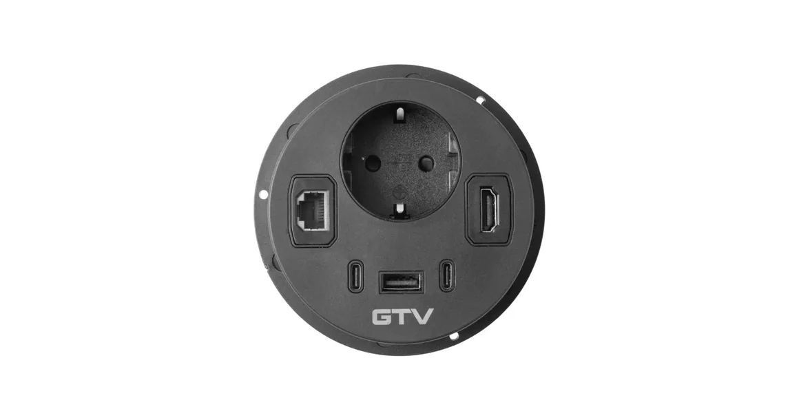 Kép 2/8 - Konnektor, pultba szerelhető, 1x dugalj, 1x USB A, 2xUSB C, RJ45; HDMI; 1,5fm kábellel, fekete RONDO
