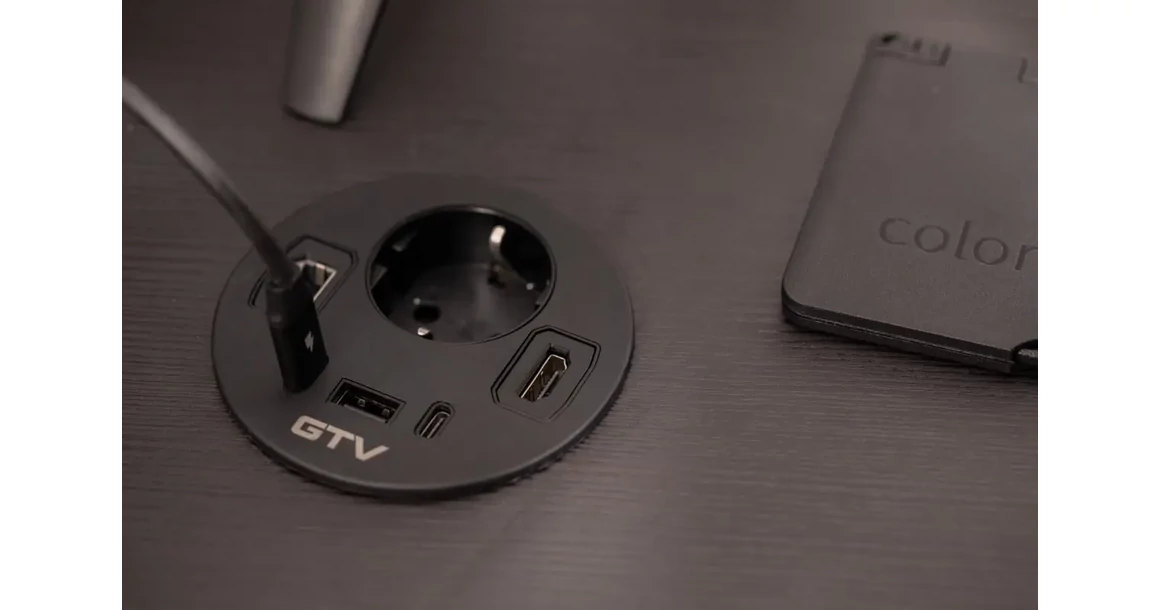 Kép 6/8 - Konnektor, pultba szerelhető, 1x dugalj, 1x USB A, 2xUSB C, RJ45; HDMI; 1,5fm kábellel, fekete RONDO
